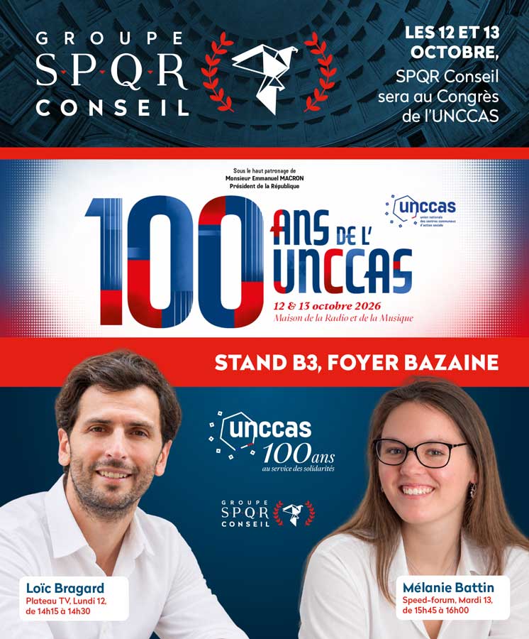 Loïc Bragard et Mélanie Battin, SPQR Conseil, au Congrès des 100 ans de l'UNCCAS, stand B3, 12 et 13 octobre 2026